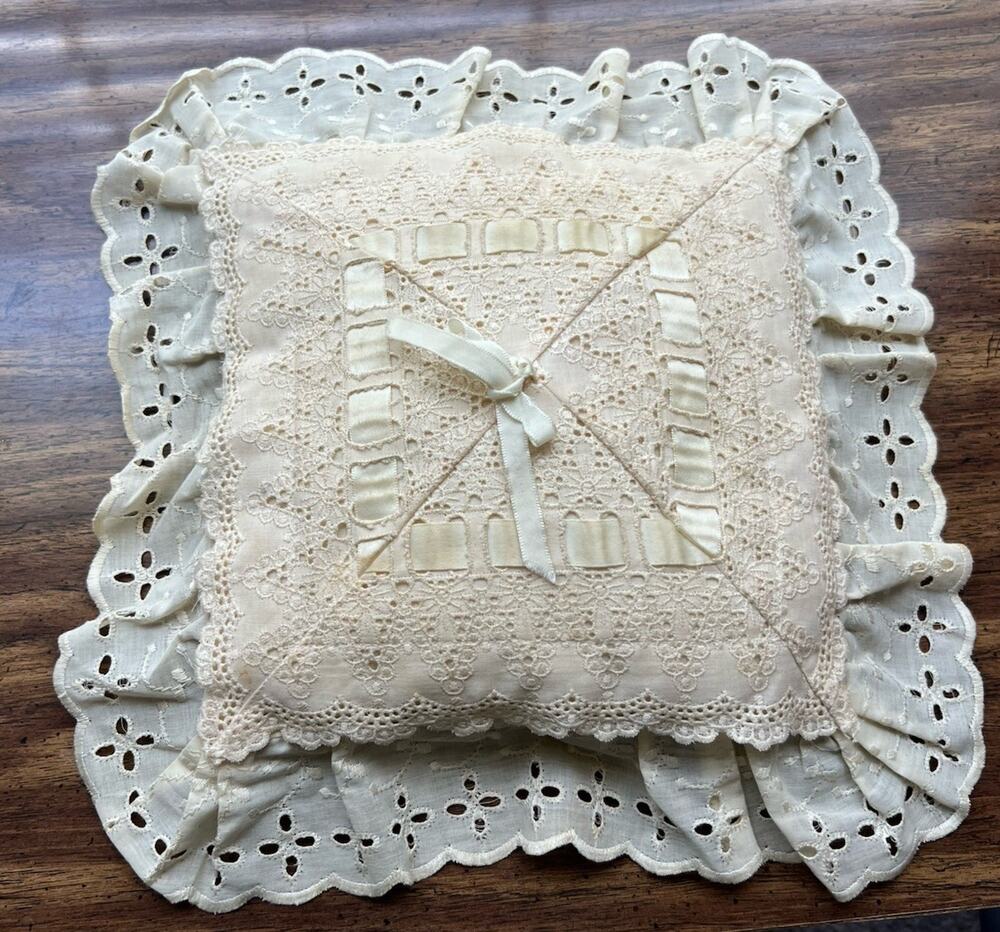 Vintage Ivory/Tan Eyelet Crochet Throw Pillow 13"x13" Grandma Grannycore